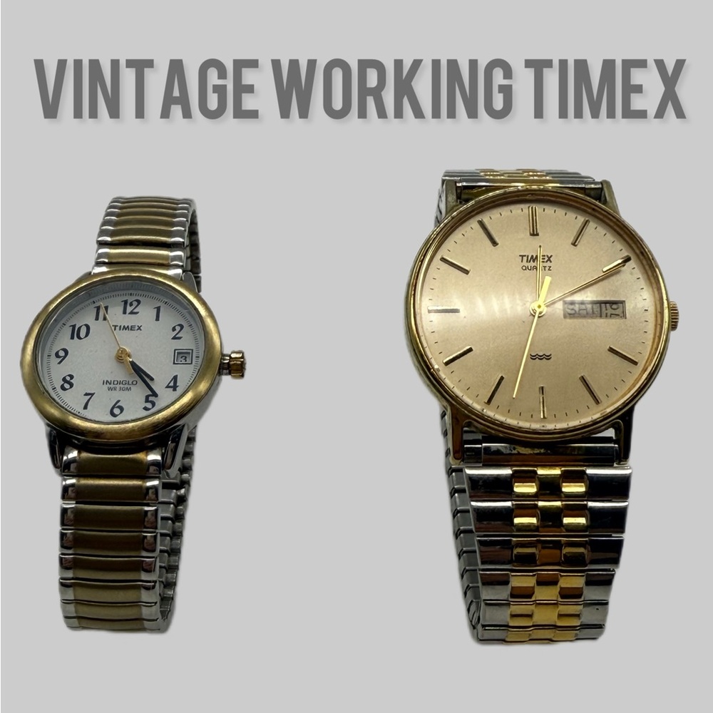 His & Hers Vintage Timex Watch Set Works Stretch Bands Day Date Trendy Stackable